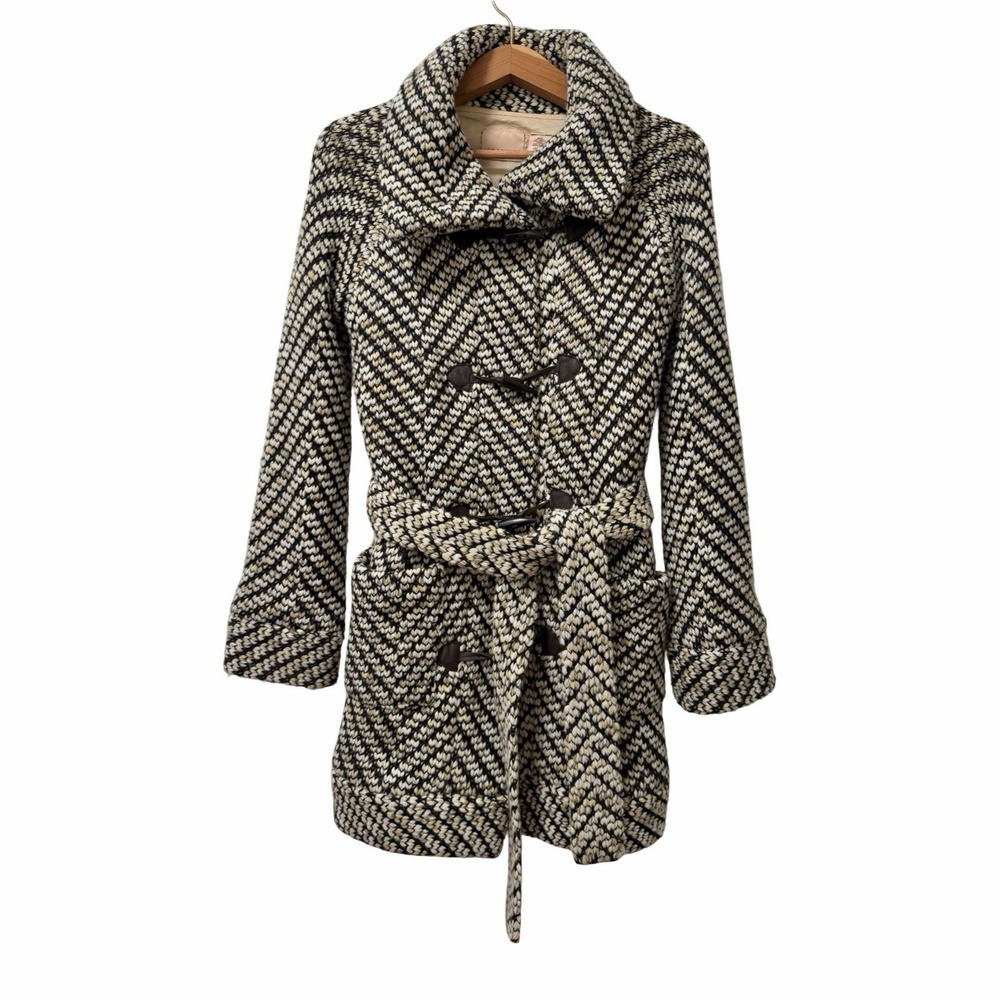 Anthropologie Sparrow Womens Wool Blend Shawl Belted Coat Size XS Chevron Retro